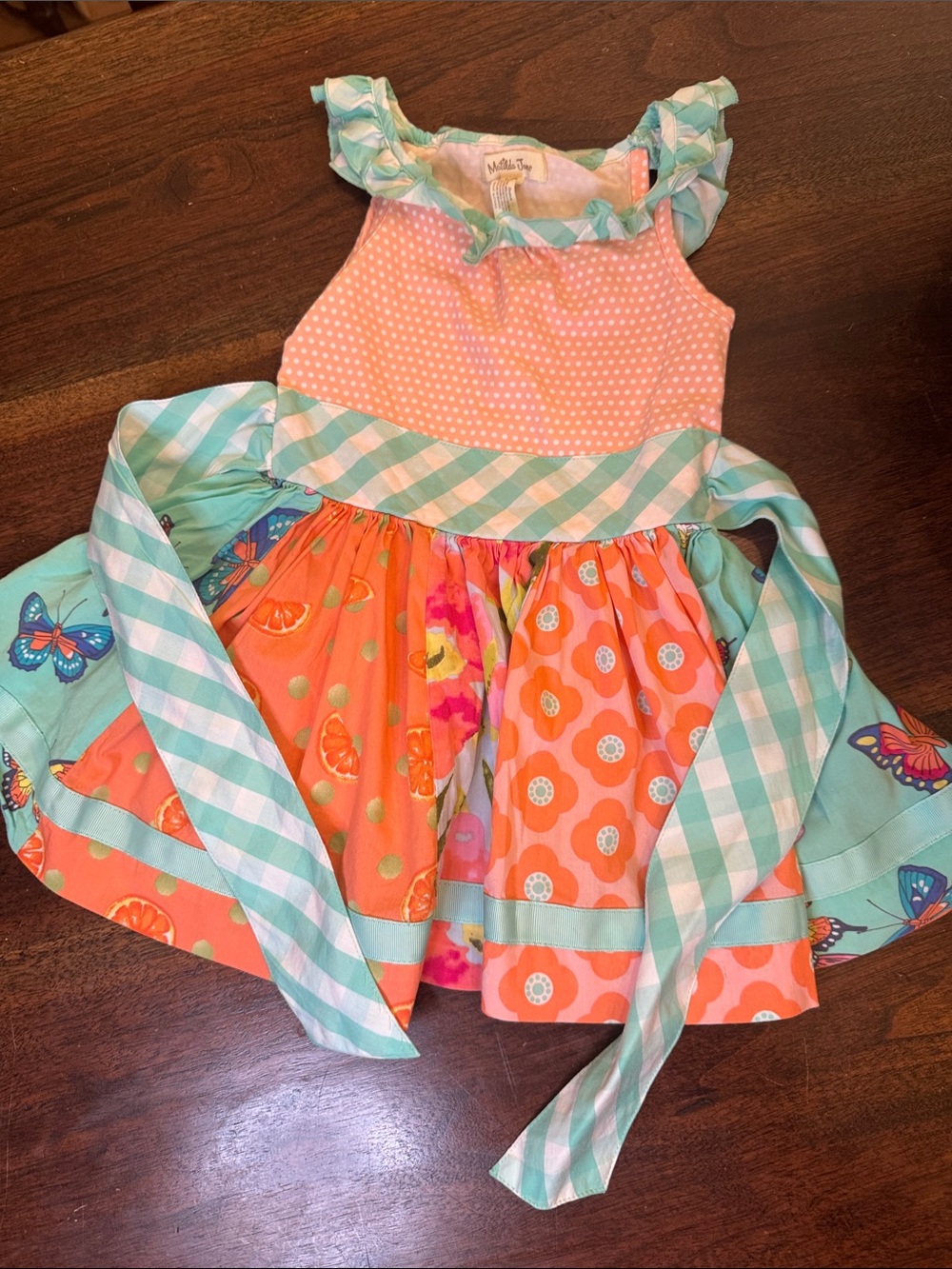 Matilda Jane Coral & Aqua Mixed-Print Ruffle Dress
